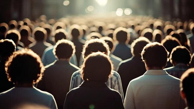 Large crowd of people seen from behind walking towards a bright light depicting hope and aspiration 4K Video
