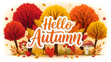 Whimsical hello autumn greeting with vibrant fall trees and woodland elements