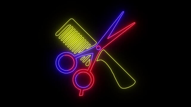 Glowing neon scissors and comb forming with colorful light outlines on dark background.