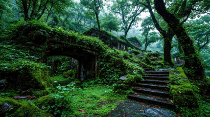 Old moss covered stone stairs and archway deep in a dense forest with atmospheric mist