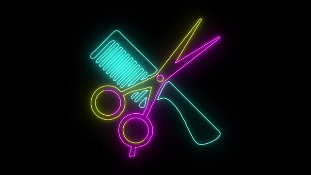 Glowing neon scissors and comb forming with colorful light outlines on dark background.