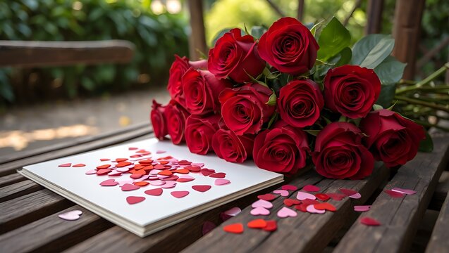 Vibrant red roses and heart confetti arranged on a rustic bench