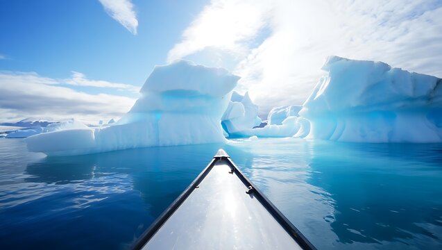 Kayaking through glacial lagoon surrounded by massive icebergs