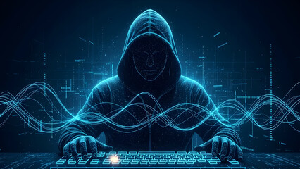 Mysterious hooded figure illuminated by glowing blue digital data streams and city skyline