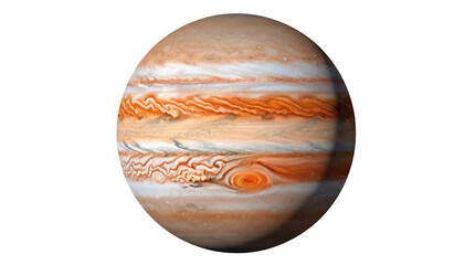 Detailed Jupiter planet PNG isolated on transparent background, gas giant with colorful bands and swirling storms for astronomy and science projects