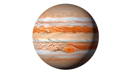 Detailed Jupiter planet PNG isolated on transparent background, gas giant with colorful bands and swirling storms for astronomy and science projects