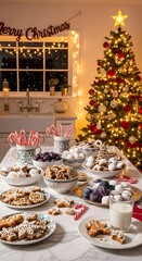 Festive holiday table laden with christmas cookies, candy canes, and milk