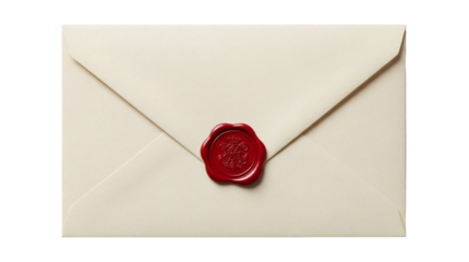 Elegant cream envelope with red wax seal isolated PNG, vintage stationery for invitations and special occasions on transparent background