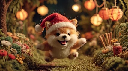 Cartoon dog wearing santa hat in festive forest with lanterns - Powered by Adobe