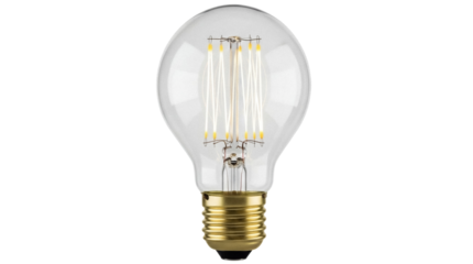 Vintage LED filament light bulb isolated PNG on transparent background, retro style Edison lamp for decorative lighting and design use