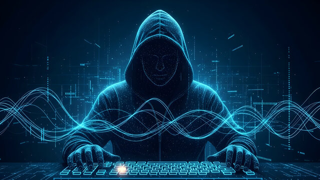 Mysterious hooded figure illuminated by glowing blue digital data streams and city skyline