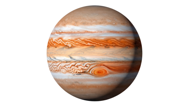 Detailed Jupiter planet PNG isolated on transparent background, gas giant with colorful bands and swirling storms for astronomy and science projects