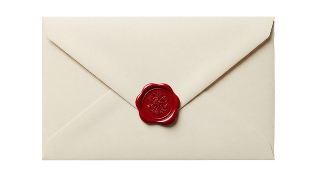 Elegant cream envelope with red wax seal isolated PNG, vintage stationery for invitations and special occasions on transparent background