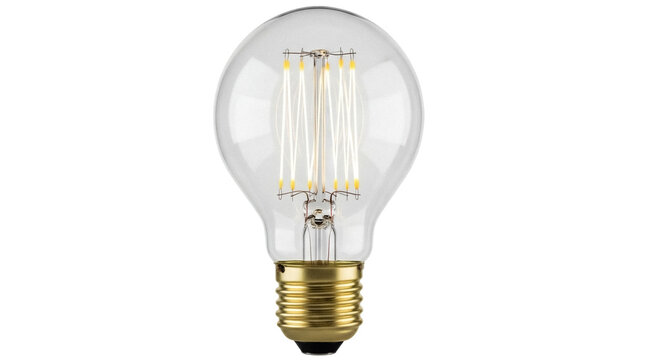 Vintage LED filament light bulb isolated PNG on transparent background, retro style Edison lamp for decorative lighting and design use