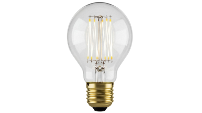 Vintage LED filament light bulb isolated PNG on transparent background, retro style Edison lamp for decorative lighting and design use