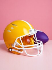 Fototapeta premium Yellow american football helmet and purple ball on pink background