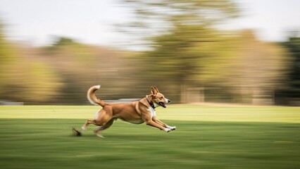 Dog Running Fast Across Green Grass Field with Motion Blur Background