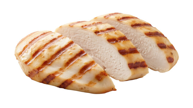 Grilled chicken breast slices isolated PNG, cooked poultry meat with grill marks on transparent background for healthy eating and food design