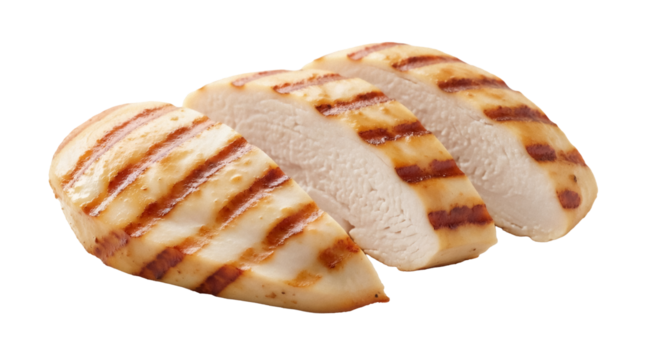 Grilled chicken breast slices isolated PNG, cooked poultry meat with grill marks on transparent background for healthy eating and food design