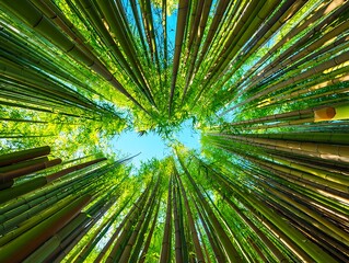 Lush green bamboo forest canopy reaching up to bright blue sky