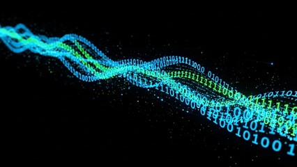 Digital Data Stream Flowing Through Abstract Blue and Green Waves on Black Background