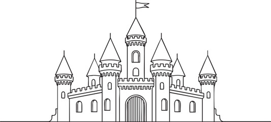 Obraz premium Continuous single line drawing of a fairy-tale amusement park castle with four towers and flags, minimalist fantasy fortress in clean outline vector illustration