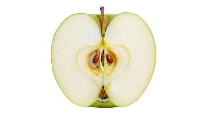 Half green apple with worm isolated PNG, fruit damaged by pest with seeds and core on transparent background, unhealthy food