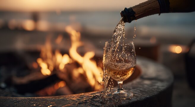 Pouring bubbly drink into a glass by a glowing fire pit at sunset