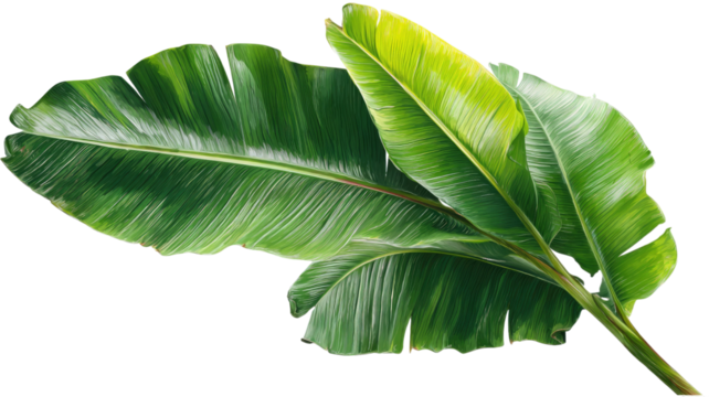 Isolated green banana plant leaf macro detail with fresh natural foliage and visible veins on white