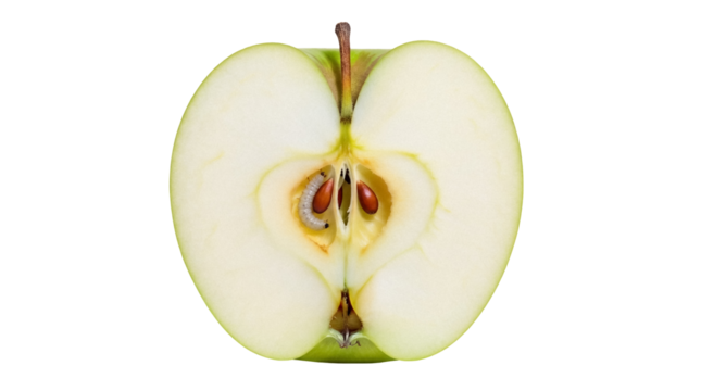 Half green apple with worm isolated PNG, fruit damaged by pest with seeds and core on transparent background, unhealthy food