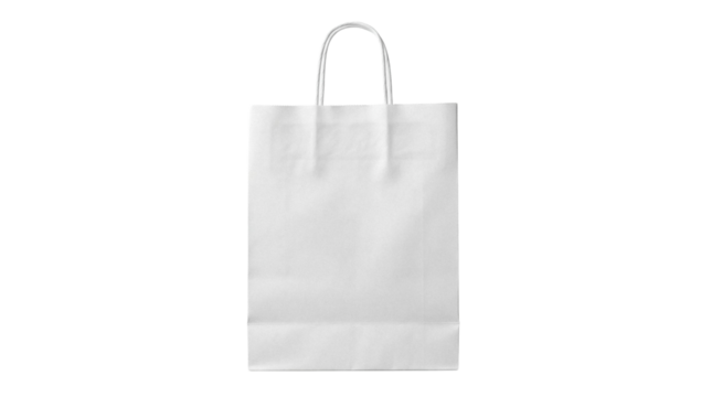 Blank white paper bag isolated PNG, shopping and retail packaging mockup on transparent background for branding and design
