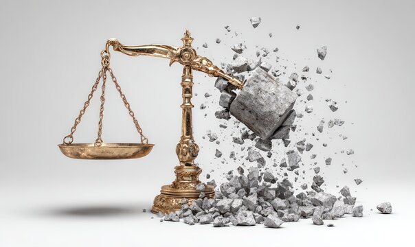 A vintage gold scale being destroyed by a falling, heavy grey rock