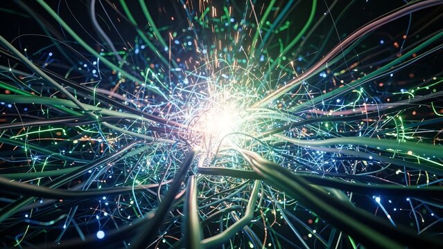 Abstract Neural Network Connections Glowing with Light Particles in Dark Space