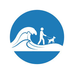 Coastal dog walk vector icon with dynamic ocean wave Vector
