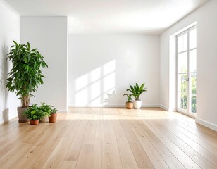 Fototapeta premium Bright, empty room with wood floors and sunlight. Green plants accent the space near walls and window