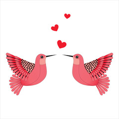 Two love birds and hearts. Two pink hummingbirds. Vector illustration for Valentine's Day, wedding, anniversary.