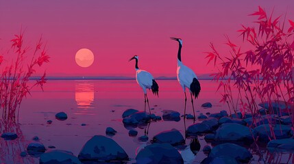 Obraz premium Serene Cranes at Sunset A Tranquil Waterscape.