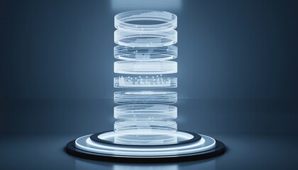 A futuristic, illuminated structure composed of transparent layers, set against a sleek, dark background.