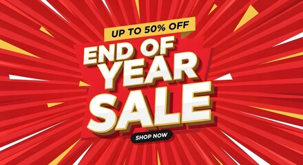 Vibrant end of year sale banner with up to 50 percent off promotion