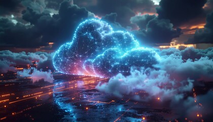 A digital cloud composed of glowing, interconnected nodes amidst surreal clouds and a futuristic landscape, representing advanced technology and connectivity.