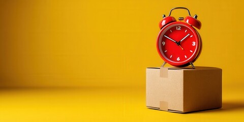 A red alarm clock rests atop a cardboard box against a vibrant yellow background