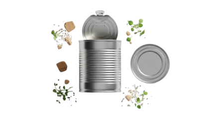 Open metal food can with contents scattered around on black background