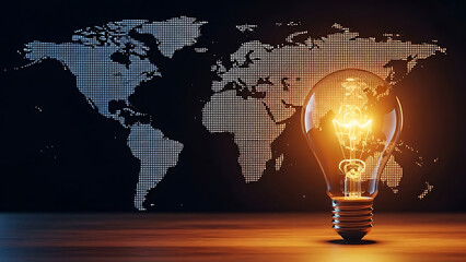 Glowing light bulb superimposed on a dotted world map lightbulb idea