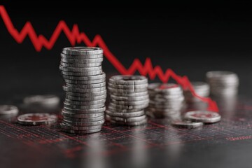 Stacks of coins with a downward trending red line indicating financial decline