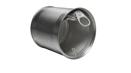 Empty dented tin can with pull tab on black background