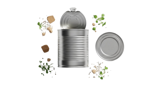 Open metal food can with contents scattered around on black background