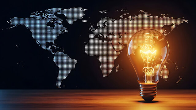 Glowing light bulb superimposed on a dotted world map lightbulb idea - Powered by Adobe