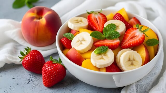 Fresh fruit salad with strawberries peach banana and mango - Powered by Adobe