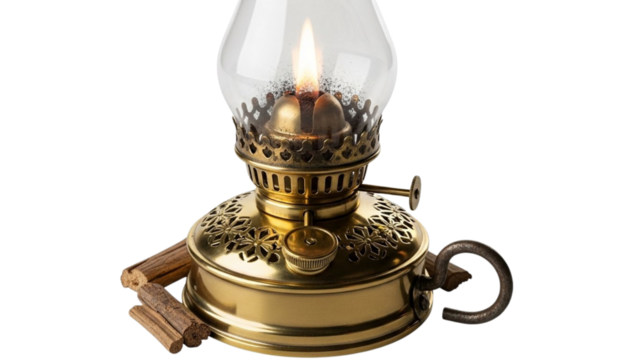 Antique brass oil lamp with flame burning brightly isolated on black background