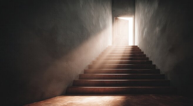 A dark stairway ascends towards a bright, open doorway. Light streams